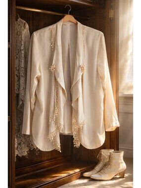 Vintage WR II Victorian-Inspired Ivory Cover Jacket Lace Trim USA Size 14 90s